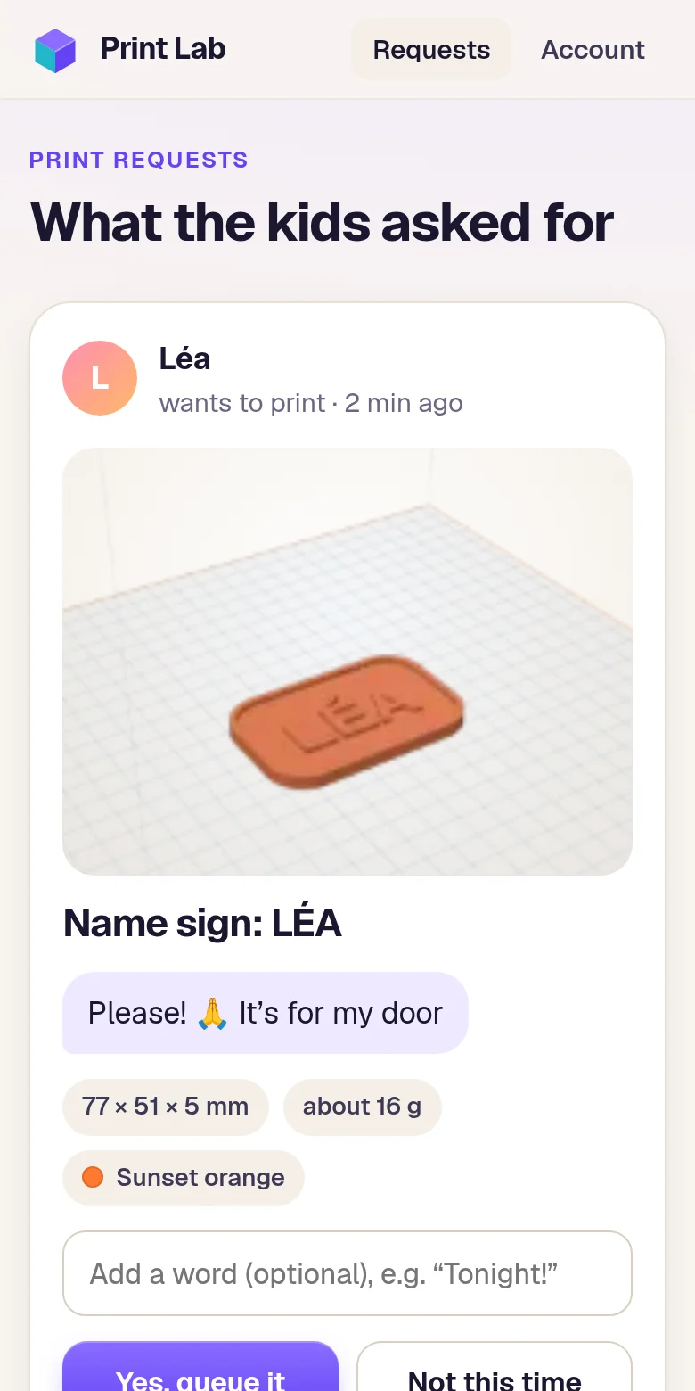 The phone companion: Léa asks to print her name sign